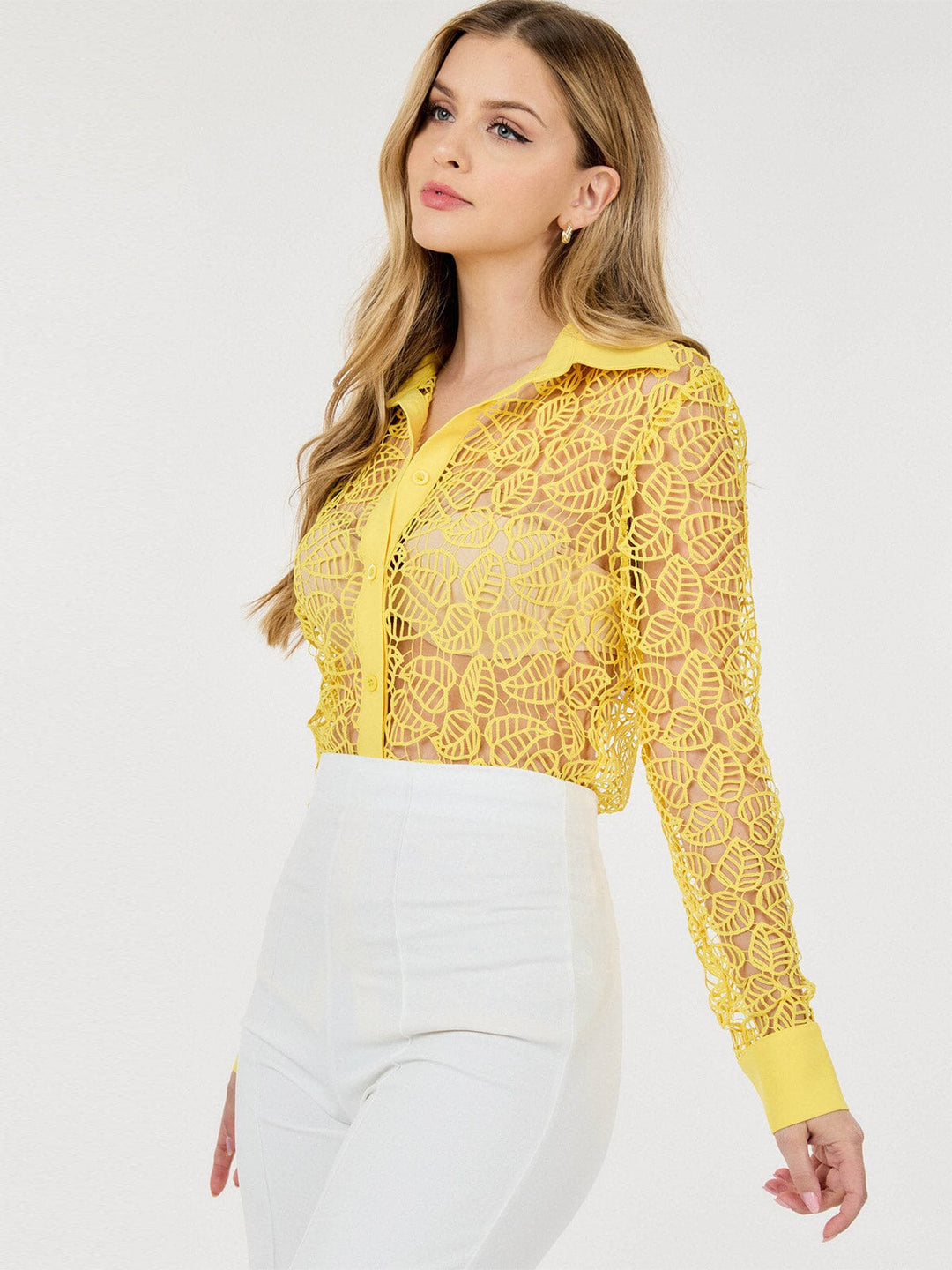 WOMEN'S LONG SLEEVE BUTTON UP DETAILED CROCHET BLOUSE
