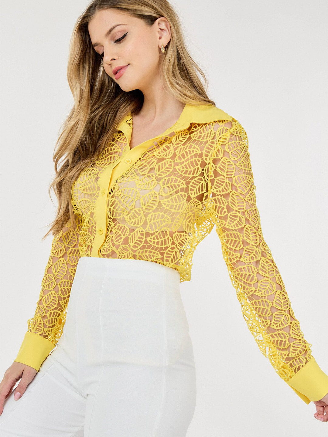 WOMEN'S LONG SLEEVE BUTTON UP DETAILED CROCHET BLOUSE