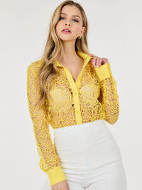 WOMEN'S LONG SLEEVE BUTTON UP DETAILED CROCHET BLOUSE