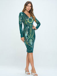 WOMEN'S LONG SLEEVE V-NECK BODYCON SEQUINS MIDI DRESS