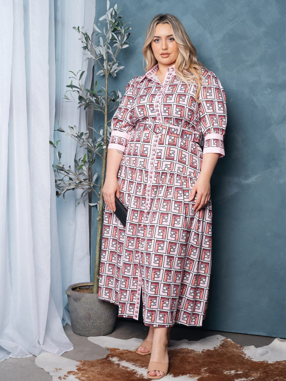 PLUS SIZE 3/4 SLEEVES BUTTON UP BELTED MULTI PRINT MAXI DRESS
