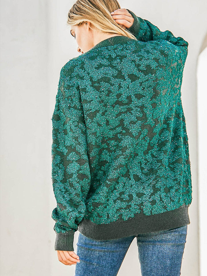 WOMEN'S LONG SLEEVE SHIMMER PRINT PULLOVER SWEATER