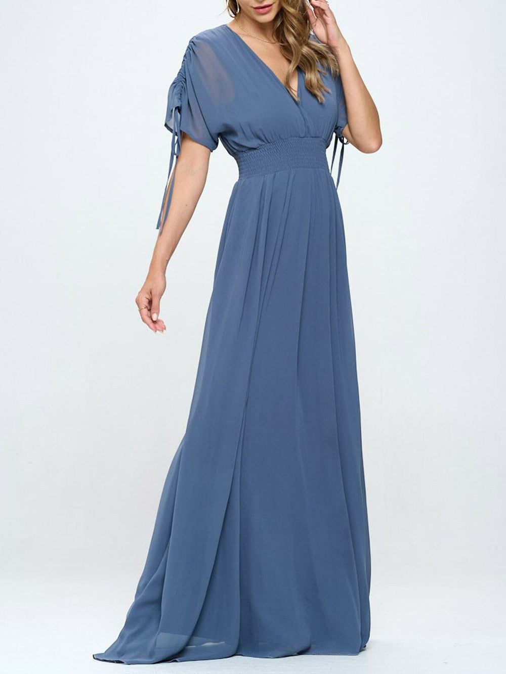 WOMEN'S SHORT SLEEVE SURPLICE SMOCK WAIST MAXI DRESS