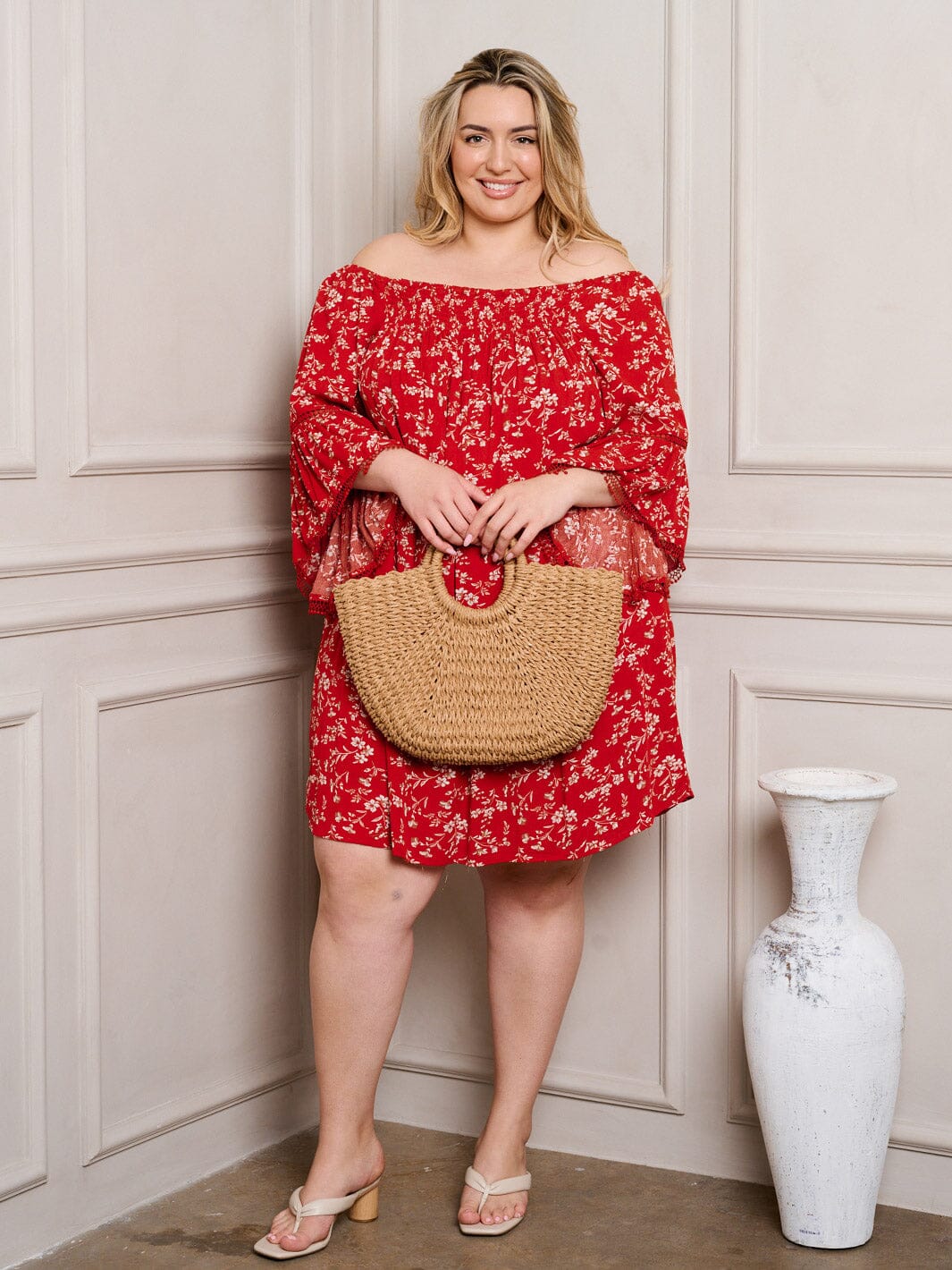 PLUS SIZE OFF SHOULDER BELL SLEEVE TUNIC FLORAL MINI DRESS