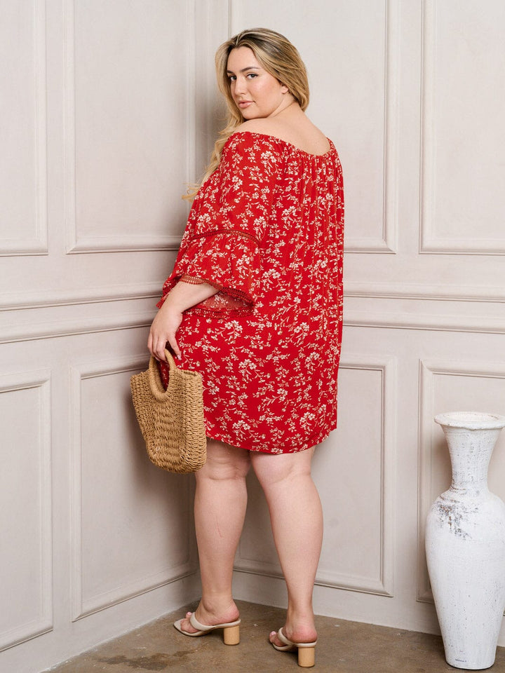 PLUS SIZE OFF SHOULDER BELL SLEEVE TUNIC FLORAL MINI DRESS