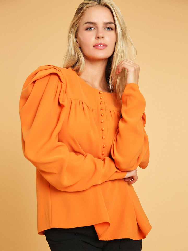 WOMEN'S LONG PUFF SLEEVE BUTTON CLOSURE BLOUSE