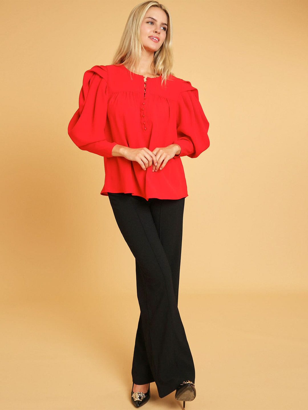 WOMEN'S LONG PUFF SLEEVE BUTTON CLOSURE BLOUSE