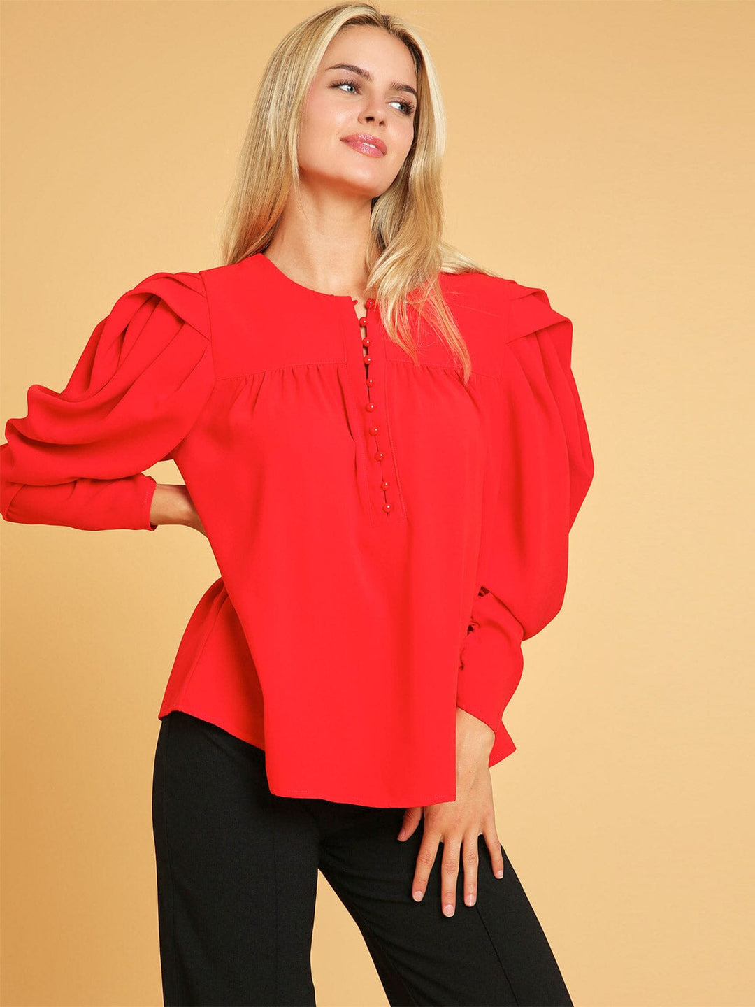 WOMEN'S LONG PUFF SLEEVE BUTTON CLOSURE BLOUSE