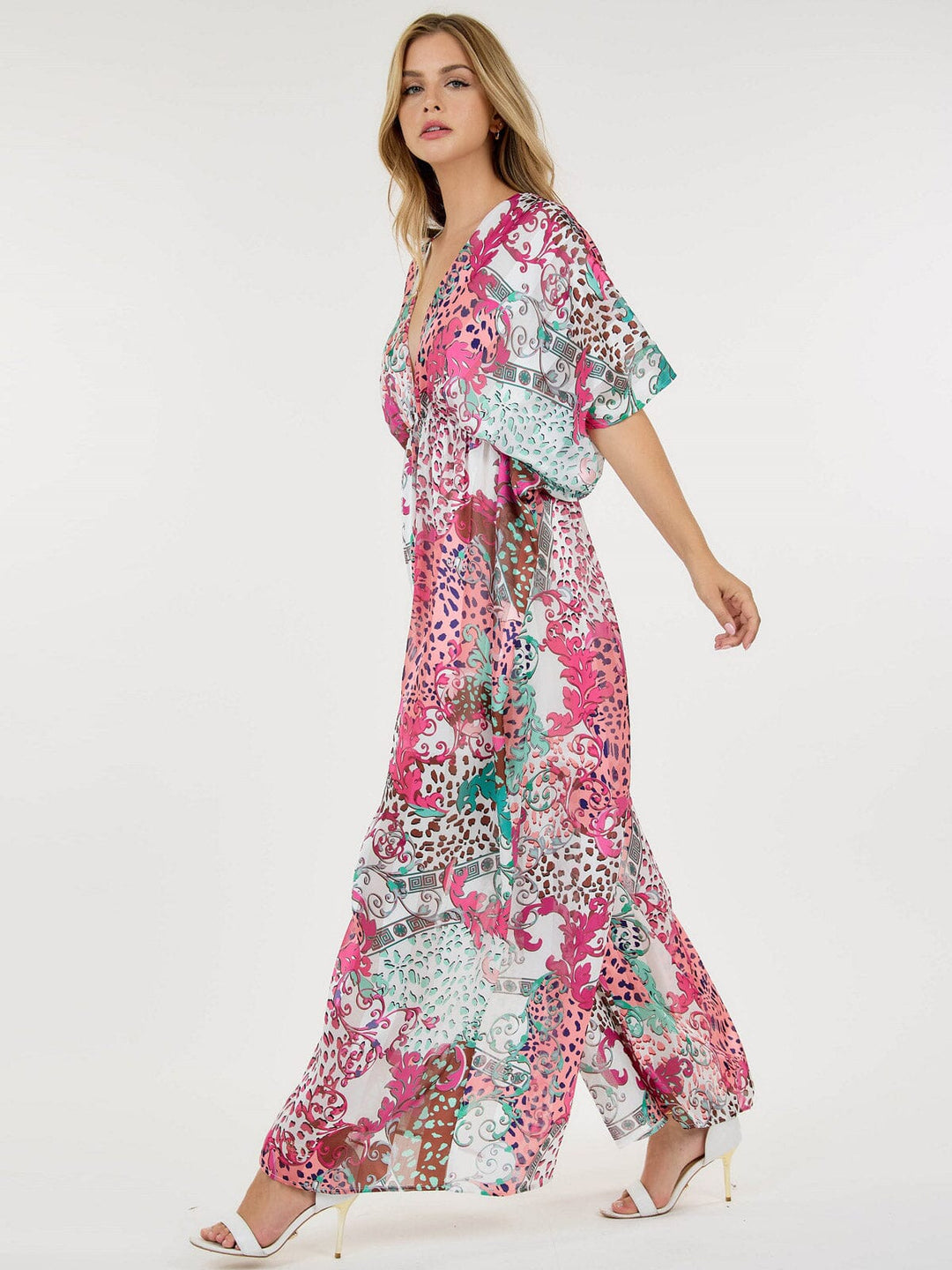 WOMEN'S SHORT SLEEVE V-NECK ELASTIC WAIST WIDE LEG PRINTED JUMPSUIT