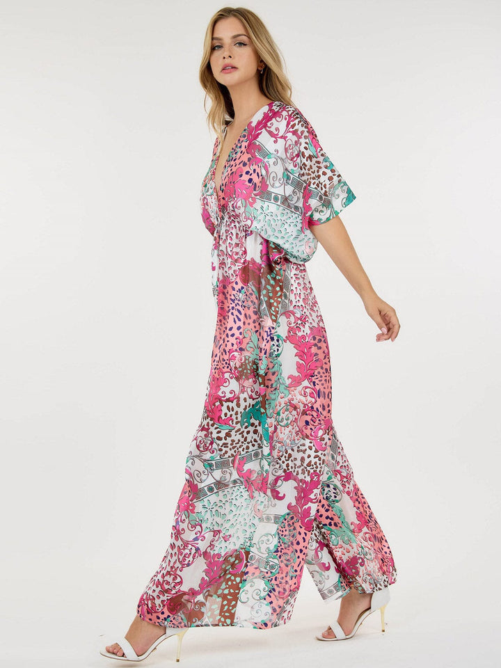 WOMEN'S SHORT SLEEVE V-NECK ELASTIC WAIST WIDE LEG PRINTED JUMPSUIT