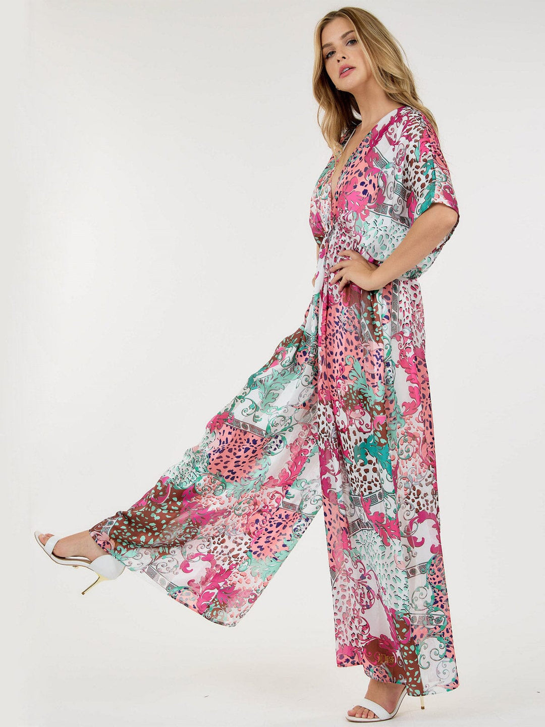 WOMEN'S SHORT SLEEVE V-NECK ELASTIC WAIST WIDE LEG PRINTED JUMPSUIT