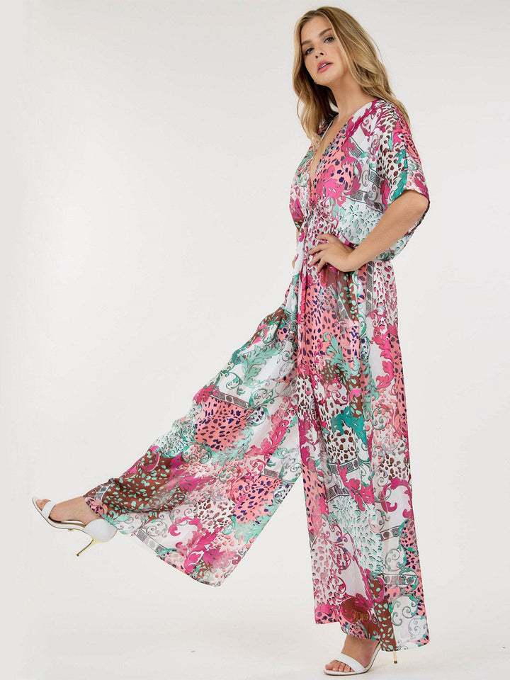 WOMEN'S SHORT SLEEVE V-NECK ELASTIC WAIST WIDE LEG PRINTED JUMPSUIT