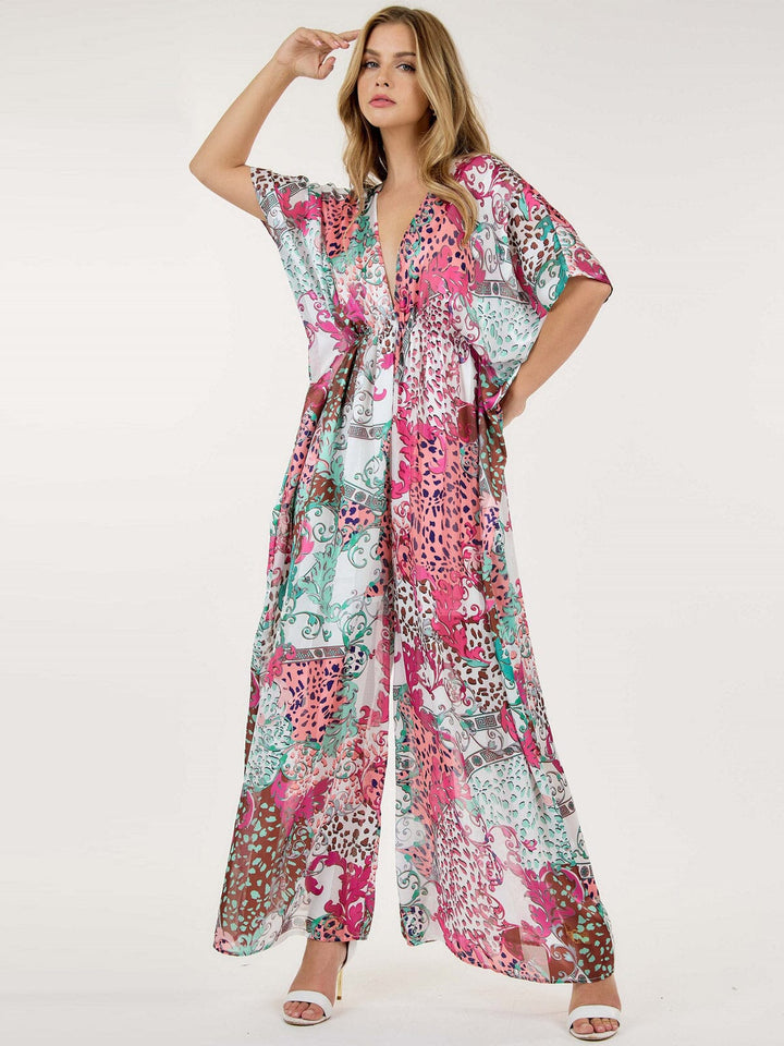 WOMEN'S SHORT SLEEVE V-NECK ELASTIC WAIST WIDE LEG PRINTED JUMPSUIT