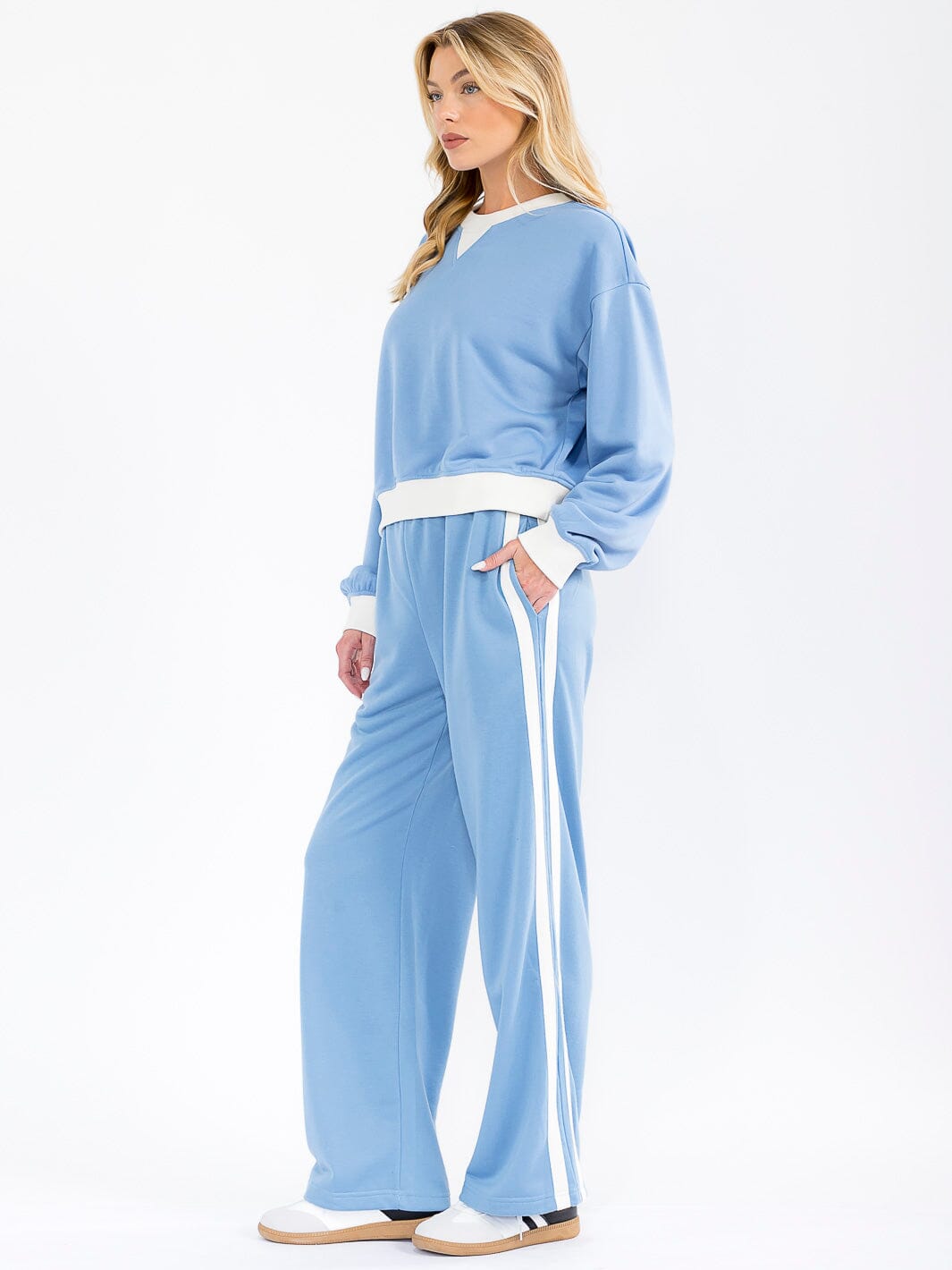 WOMEN'S ELASTIC WAIST POCKETS WIDE LEG COLORBLOCK PANTS
