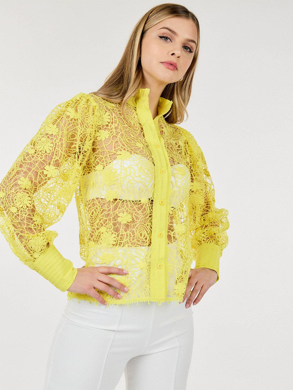 WOMEN'S LONG PUFF SLEEVE BUTTON CLOSURE CROCHET DETAILED BLOUSE