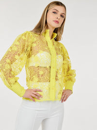 WOMEN'S LONG PUFF SLEEVE BUTTON CLOSURE CROCHET DETAILED BLOUSE