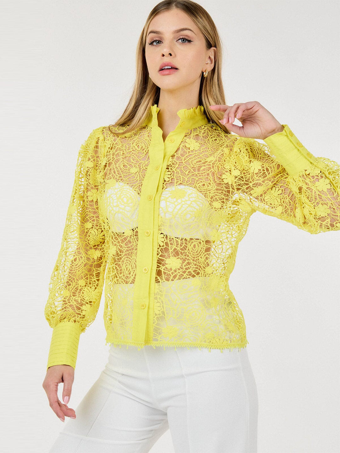 WOMEN'S LONG PUFF SLEEVE BUTTON CLOSURE CROCHET DETAILED BLOUSE