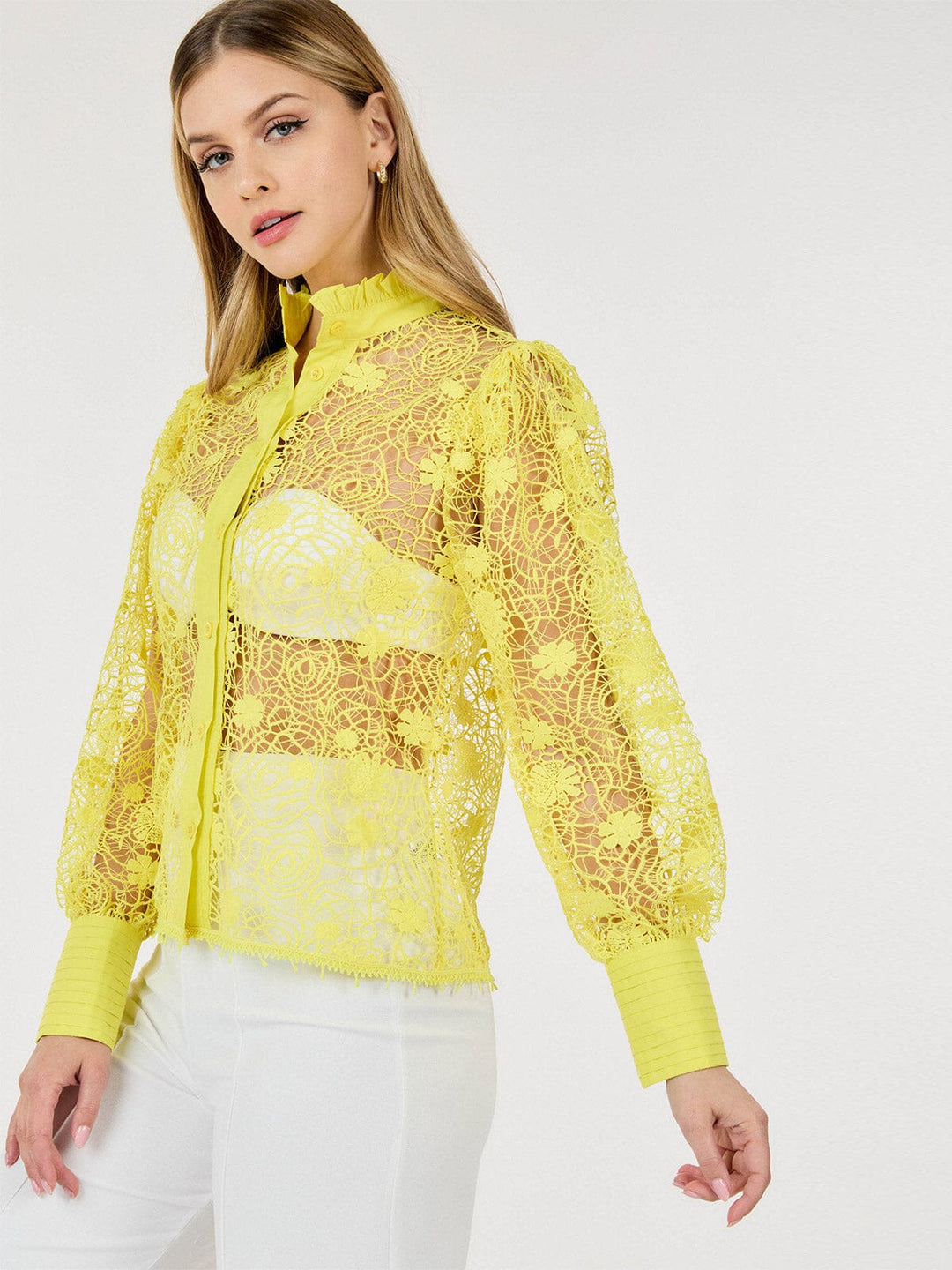 WOMEN'S LONG PUFF SLEEVE BUTTON CLOSURE CROCHET DETAILED BLOUSE