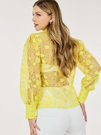 WOMEN'S LONG PUFF SLEEVE BUTTON CLOSURE CROCHET DETAILED BLOUSE