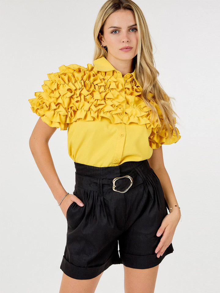 WOMEN'S BUTTON CLOSURE FRONT POCKETS BELTED SHORTS