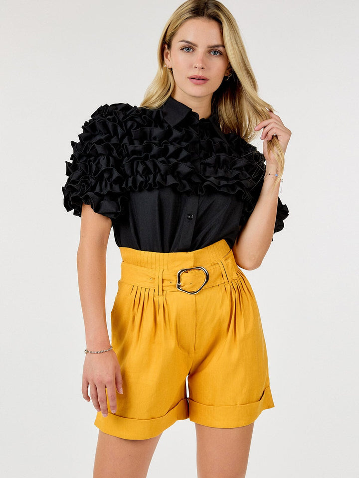 WOMEN'S BUTTON CLOSURE FRONT POCKETS BELTED SHORTS