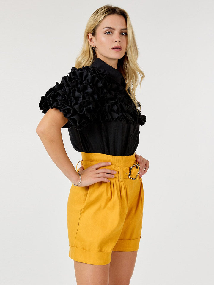 WOMEN'S BUTTON CLOSURE FRONT POCKETS BELTED SHORTS