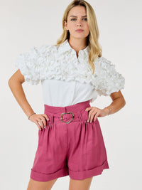 WOMEN'S BUTTON CLOSURE FRONT POCKETS BELTED SHORTS