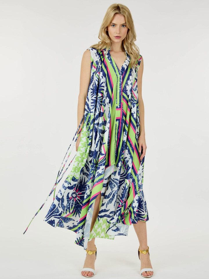 WOMEN'S SLEEVELESS FRONT POCKETS SELF TIE TUNIC MULTI PPRINT MAXI DRESS