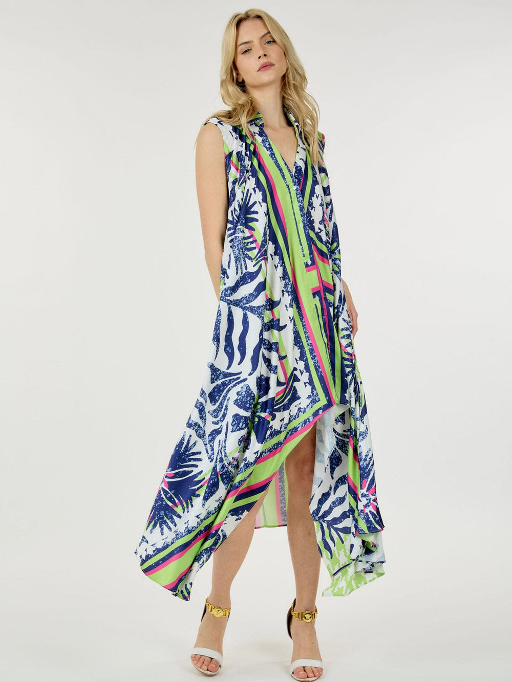 WOMEN'S SLEEVELESS FRONT POCKETS SELF TIE TUNIC MULTI PPRINT MAXI DRESS