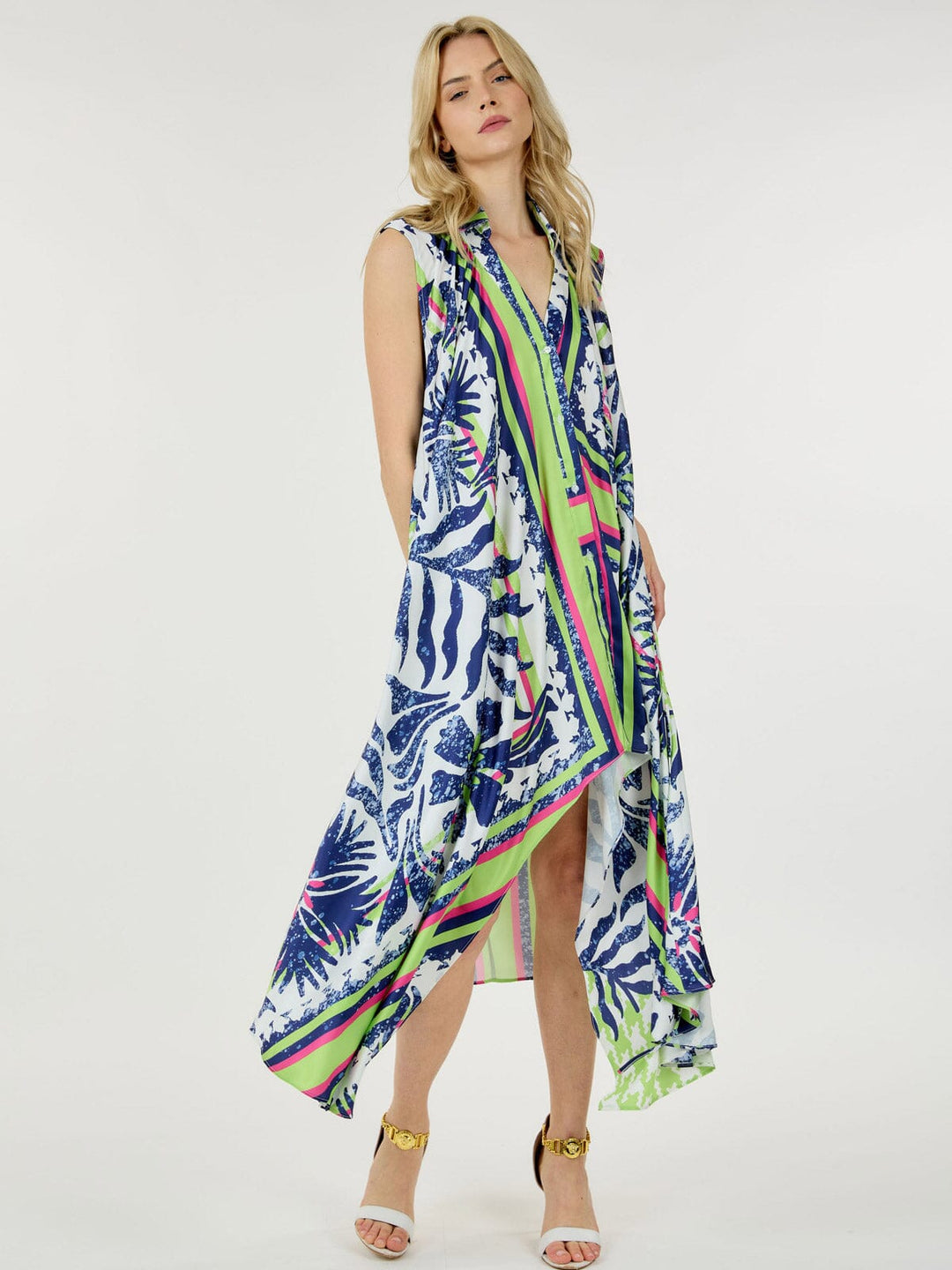 WOMEN'S SLEEVELESS FRONT POCKETS SELF TIE TUNIC MULTI PPRINT MAXI DRESS