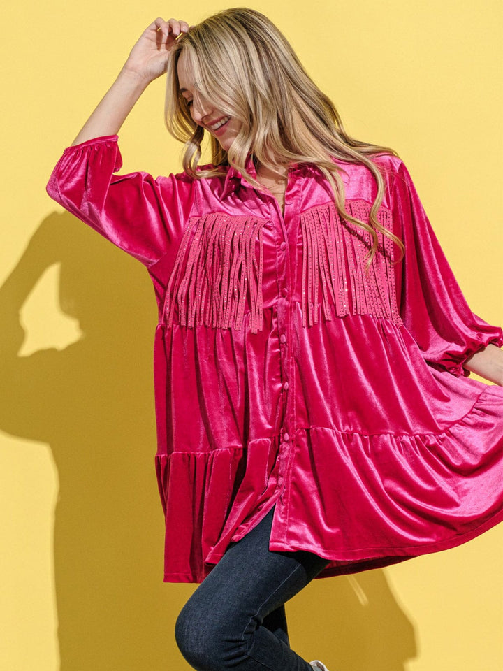 WOMEN'S 3/4 SLEEVE BUTTON UP FRINGE TIERED VELVET TUNIC TOP