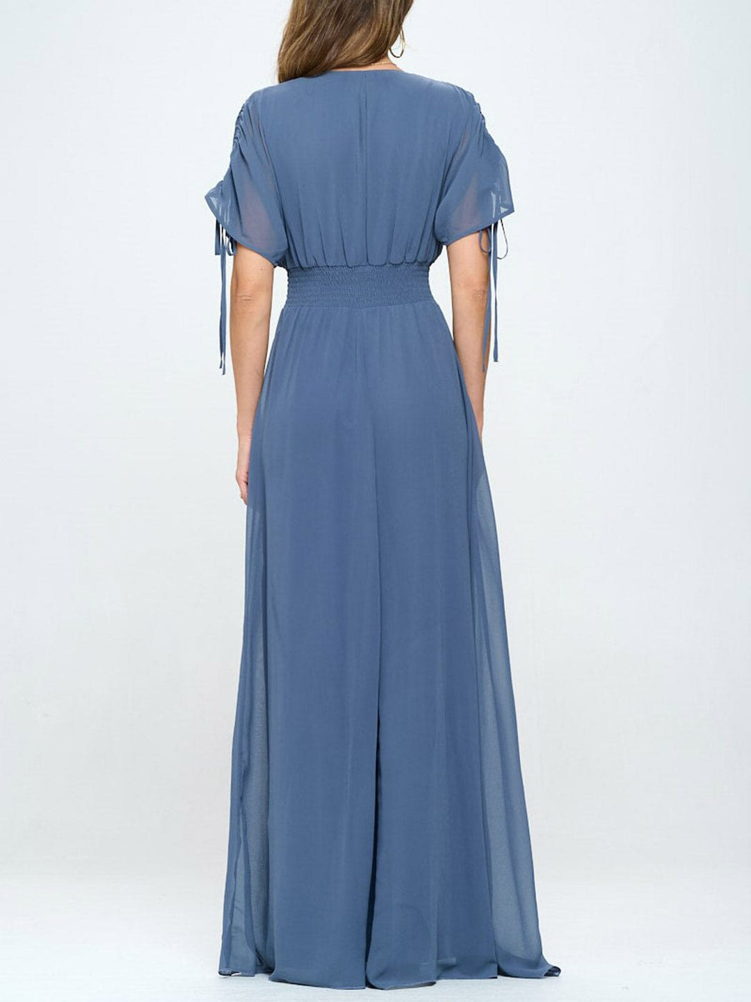 WOMEN'S SHORT SLEEVE SURPLICE SMOCK WAIST MAXI DRESS