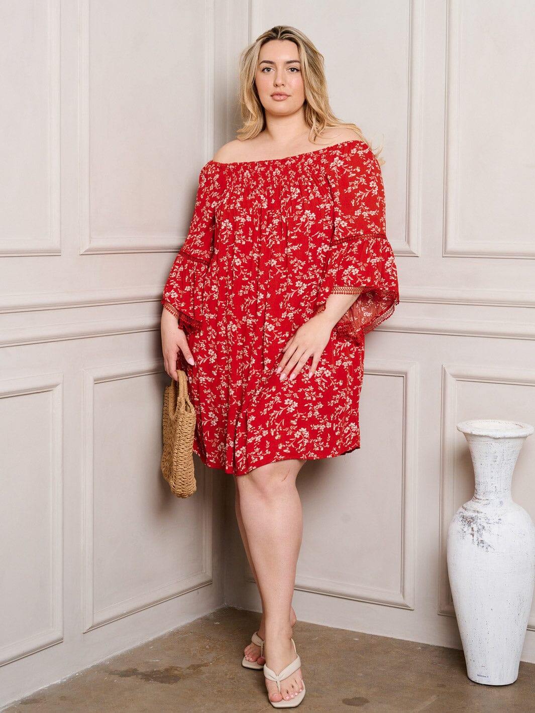 PLUS SIZE OFF SHOULDER BELL SLEEVE TUNIC FLORAL MINI DRESS