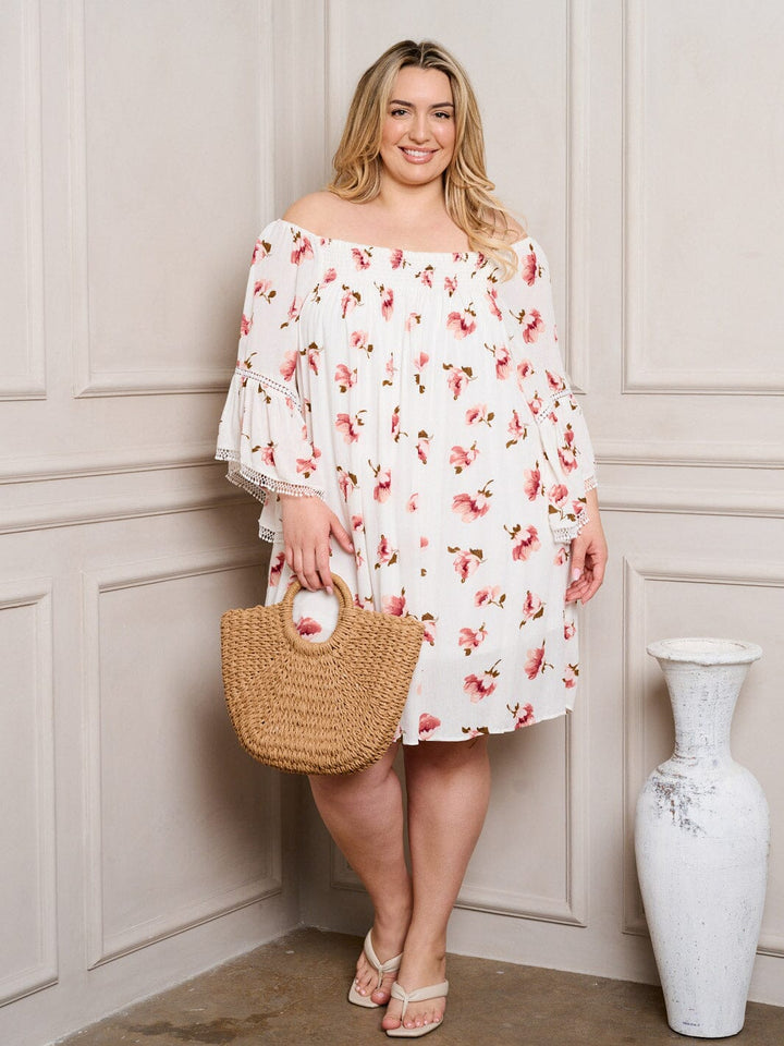 PLUS SIZE OFF SHOULDER BELL SLEEVE TUNIC FLORAL MINI DRESS