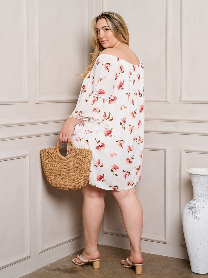 PLUS SIZE OFF SHOULDER BELL SLEEVE TUNIC FLORAL MINI DRESS