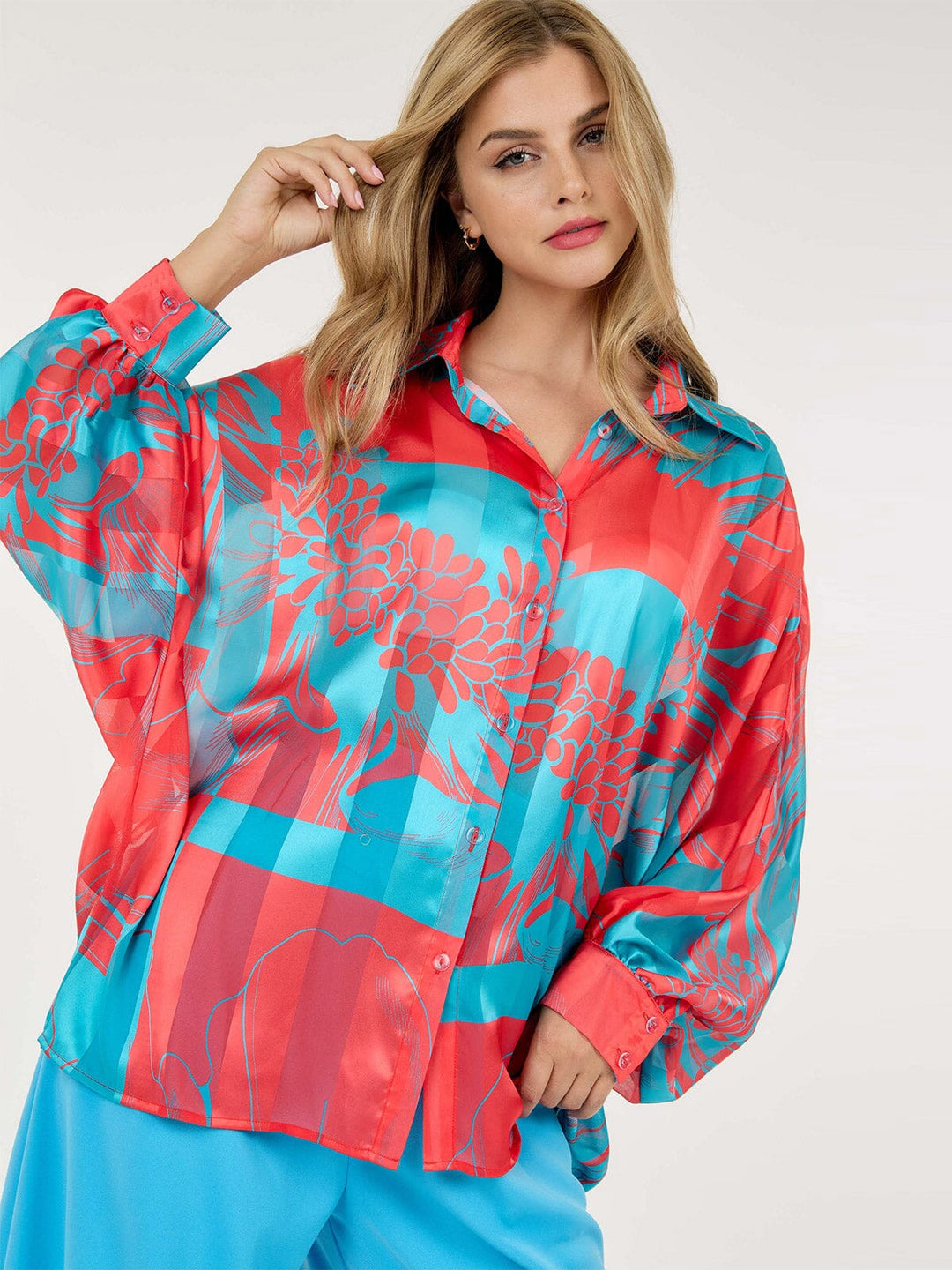 WOMEN'S LONG SLEEVE BUTTON UP MULTI PRINT BLOUSE
