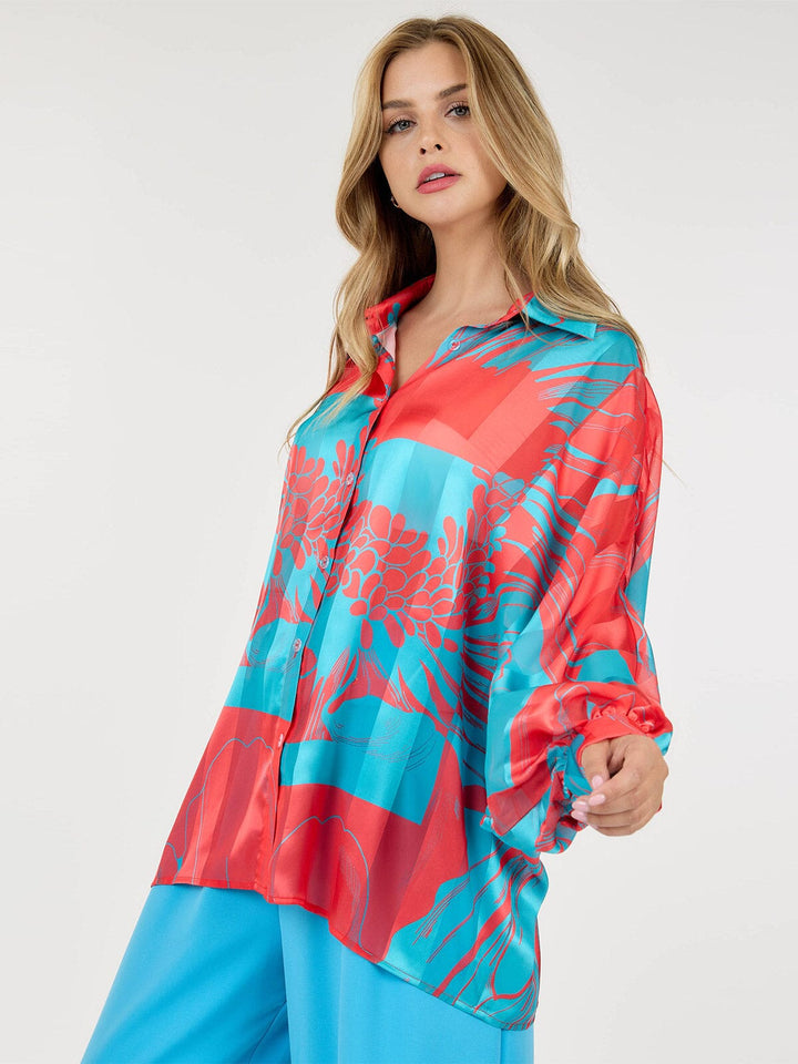 WOMEN'S LONG SLEEVE BUTTON UP MULTI PRINT BLOUSE