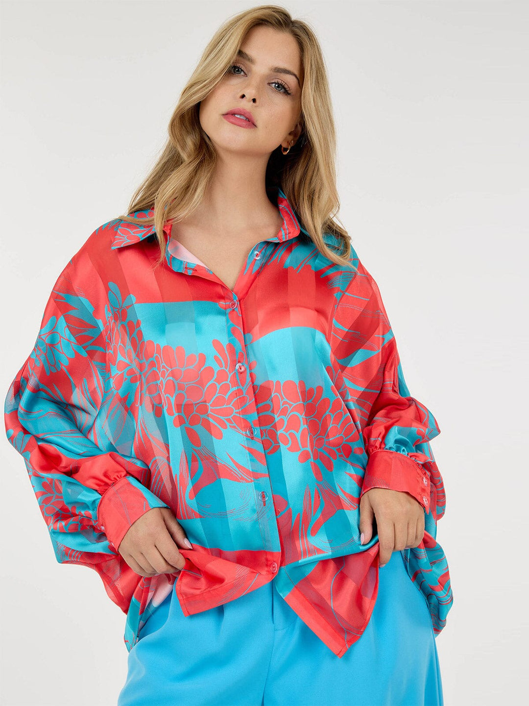 WOMEN'S LONG SLEEVE BUTTON UP MULTI PRINT BLOUSE