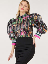 WOMEN'S 3/4 PUFF SLEEVE MOCK NECK MULTI PRINT BLOUSE