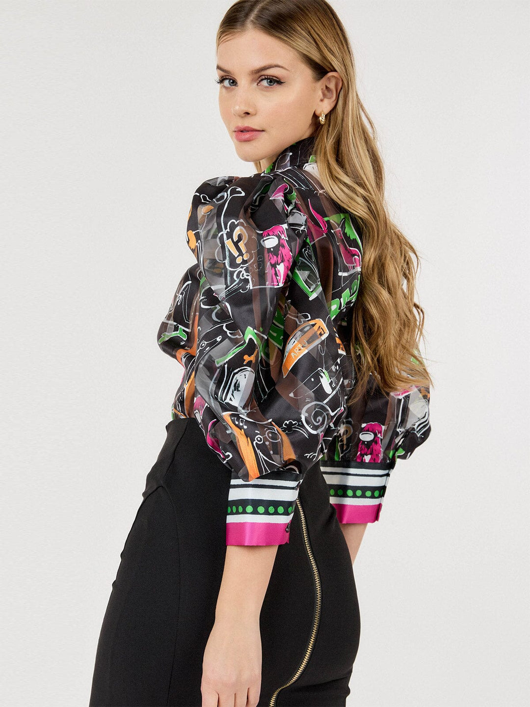 WOMEN'S 3/4 PUFF SLEEVE MOCK NECK MULTI PRINT BLOUSE