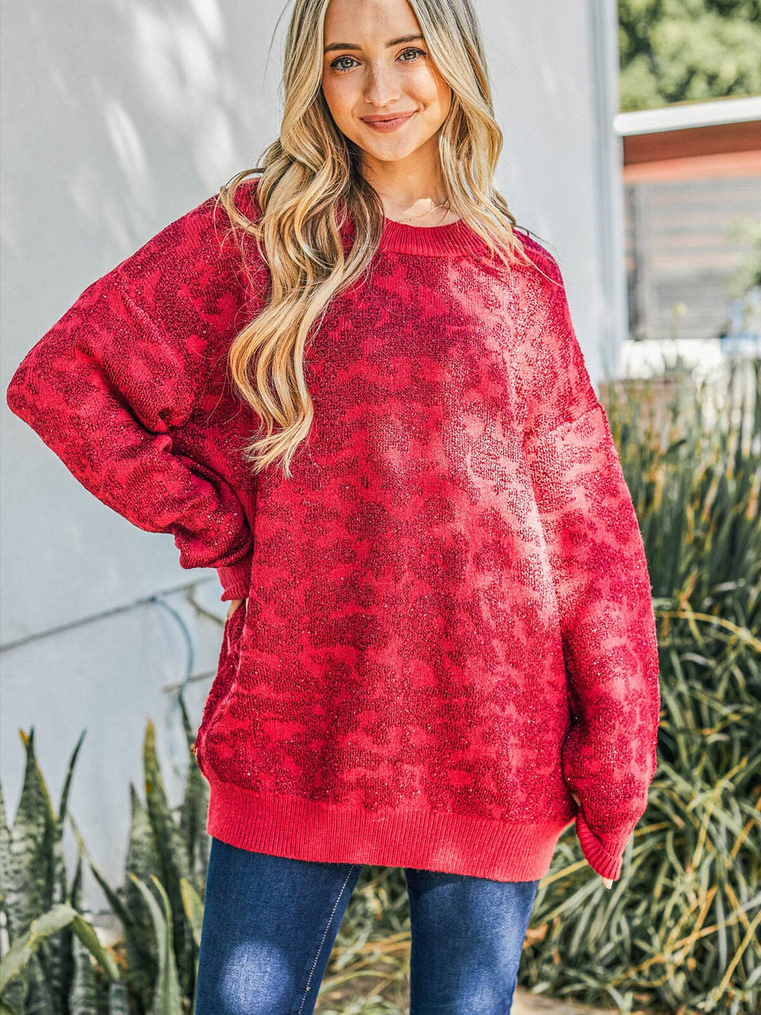 WOMEN'S LONG SLEEVE SHIMMER PRINT PULLOVER SWEATER
