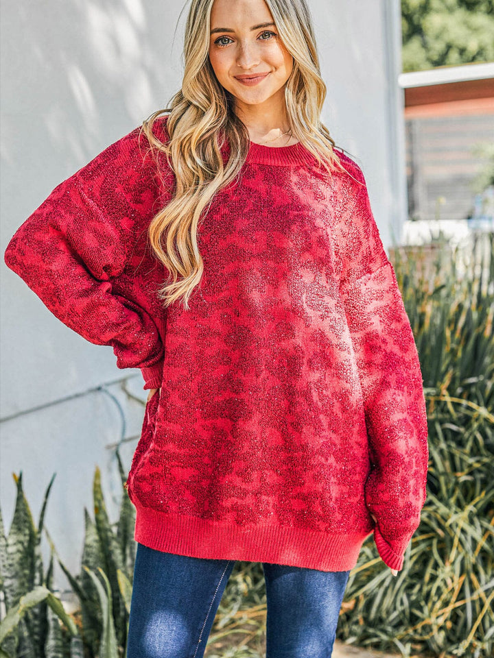WOMEN'S LONG SLEEVE SHIMMER PRINT PULLOVER SWEATER