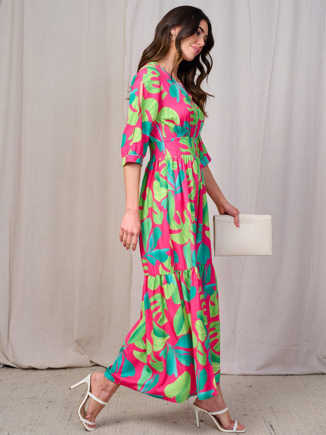 WOMEN'S 3/4 COLD SHOULDER SLEEVES SMOCK WAIST V-NECK LEAF PRINT MAXI DRESS