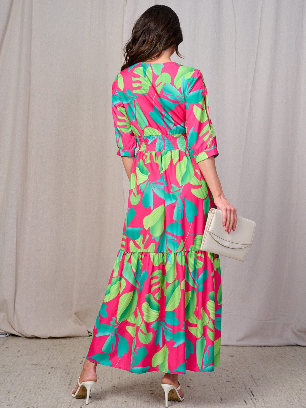 WOMEN'S 3/4 COLD SHOULDER SLEEVES SMOCK WAIST V-NECK LEAF PRINT MAXI DRESS