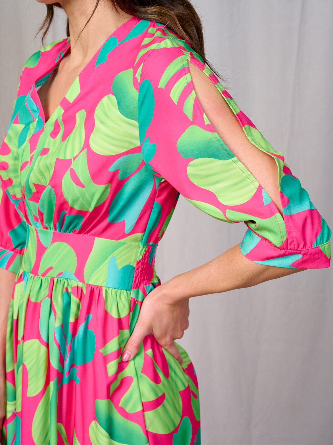 WOMEN'S 3/4 COLD SHOULDER SLEEVES SMOCK WAIST V-NECK LEAF PRINT MAXI DRESS