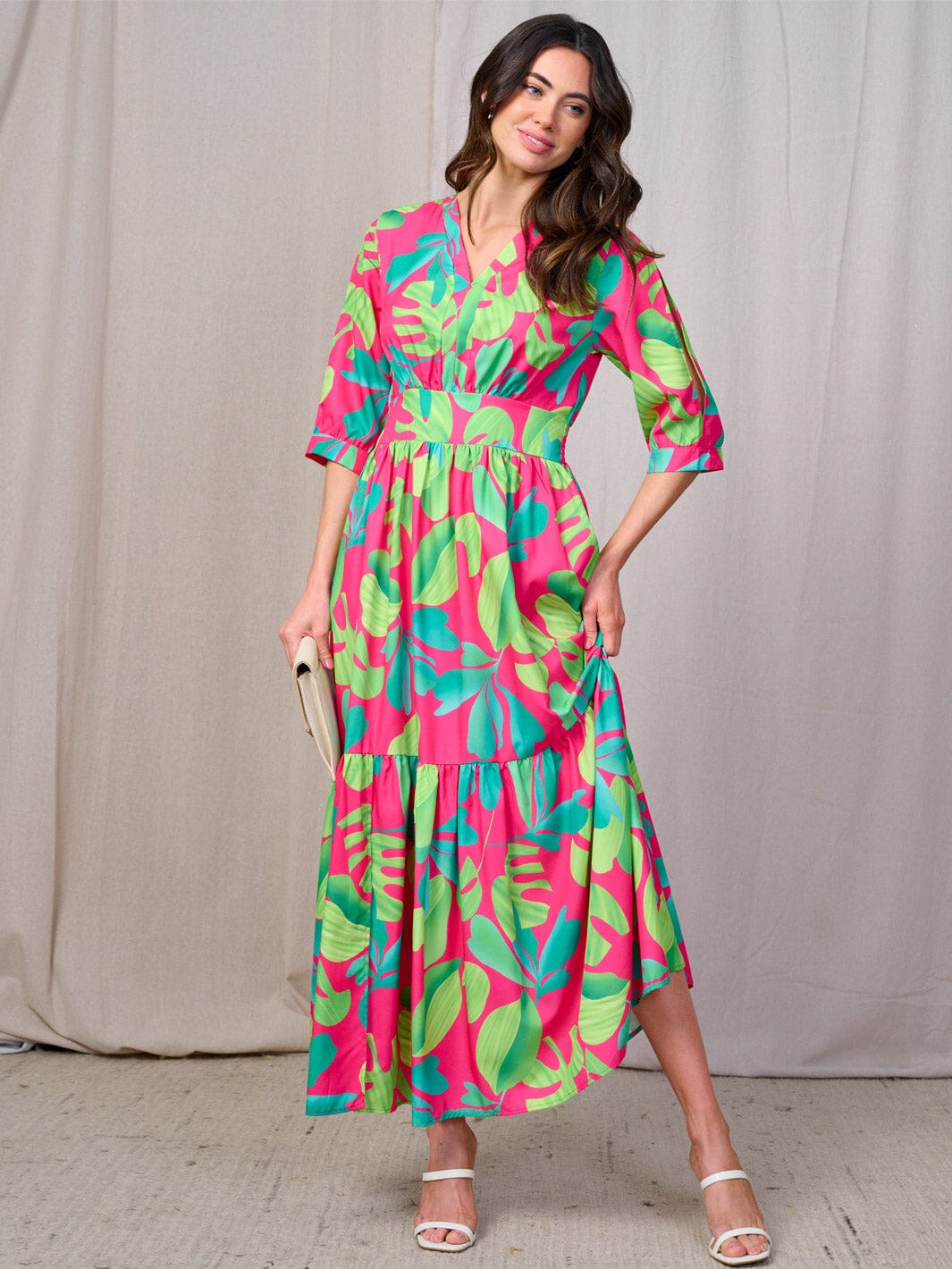 WOMEN'S 3/4 COLD SHOULDER SLEEVES SMOCK WAIST V-NECK LEAF PRINT MAXI DRESS