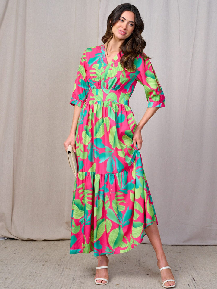 WOMEN'S 3/4 COLD SHOULDER SLEEVES SMOCK WAIST V-NECK LEAF PRINT MAXI DRESS