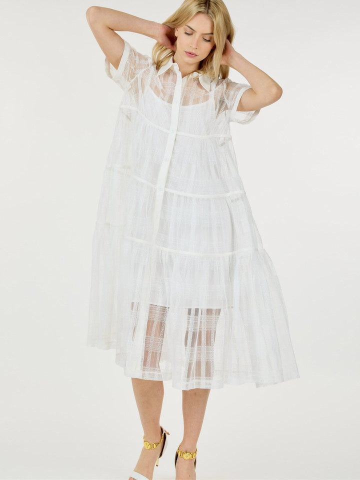 WOMEN'S SHORT SLEEVE BUTTON UP TIERED MIDI DRESS