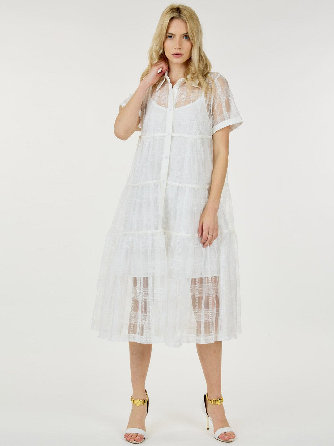 WOMEN'S SHORT SLEEVE BUTTON UP TIERED MIDI DRESS