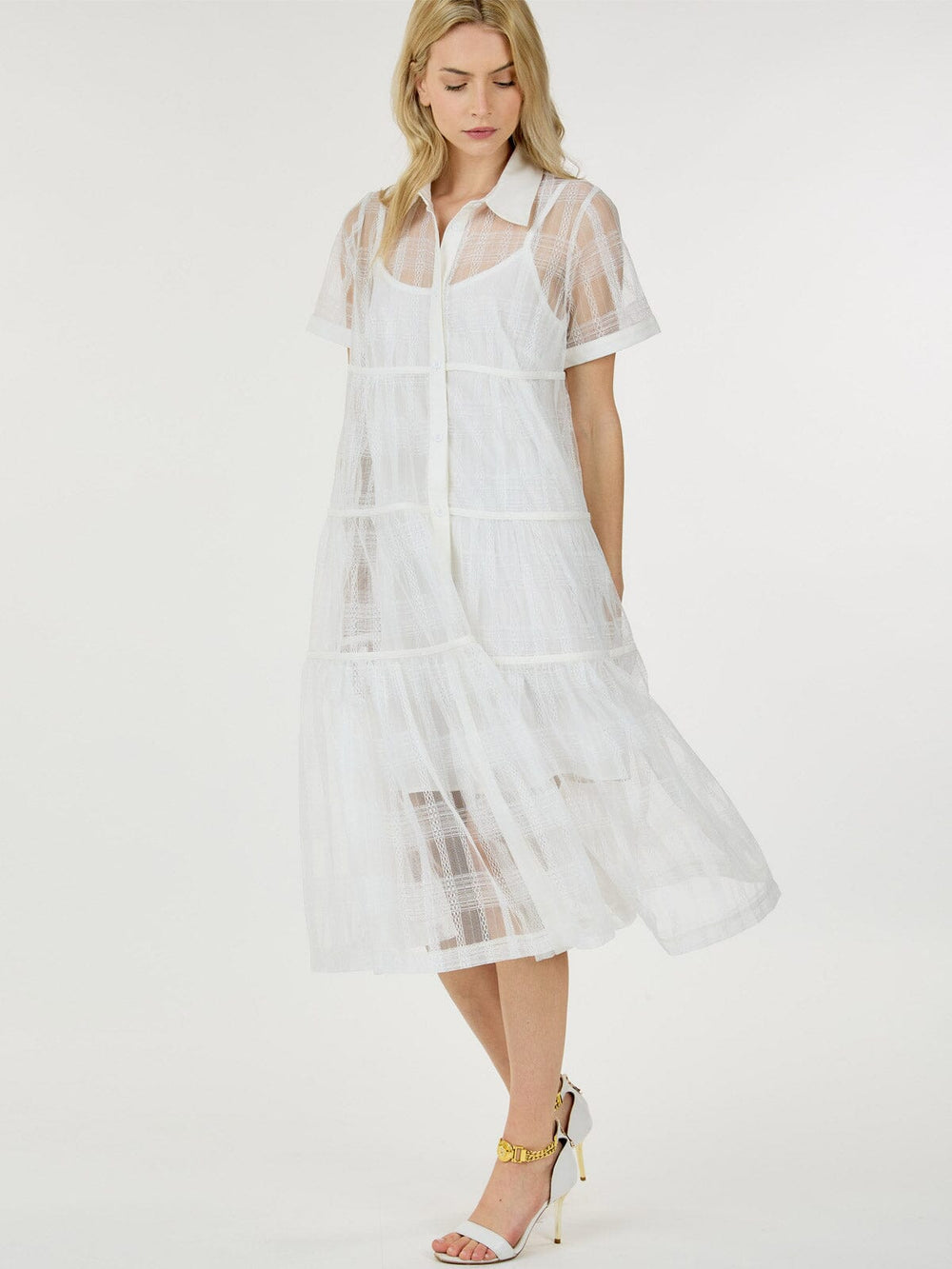 WOMEN'S SHORT SLEEVE BUTTON UP TIERED MIDI DRESS